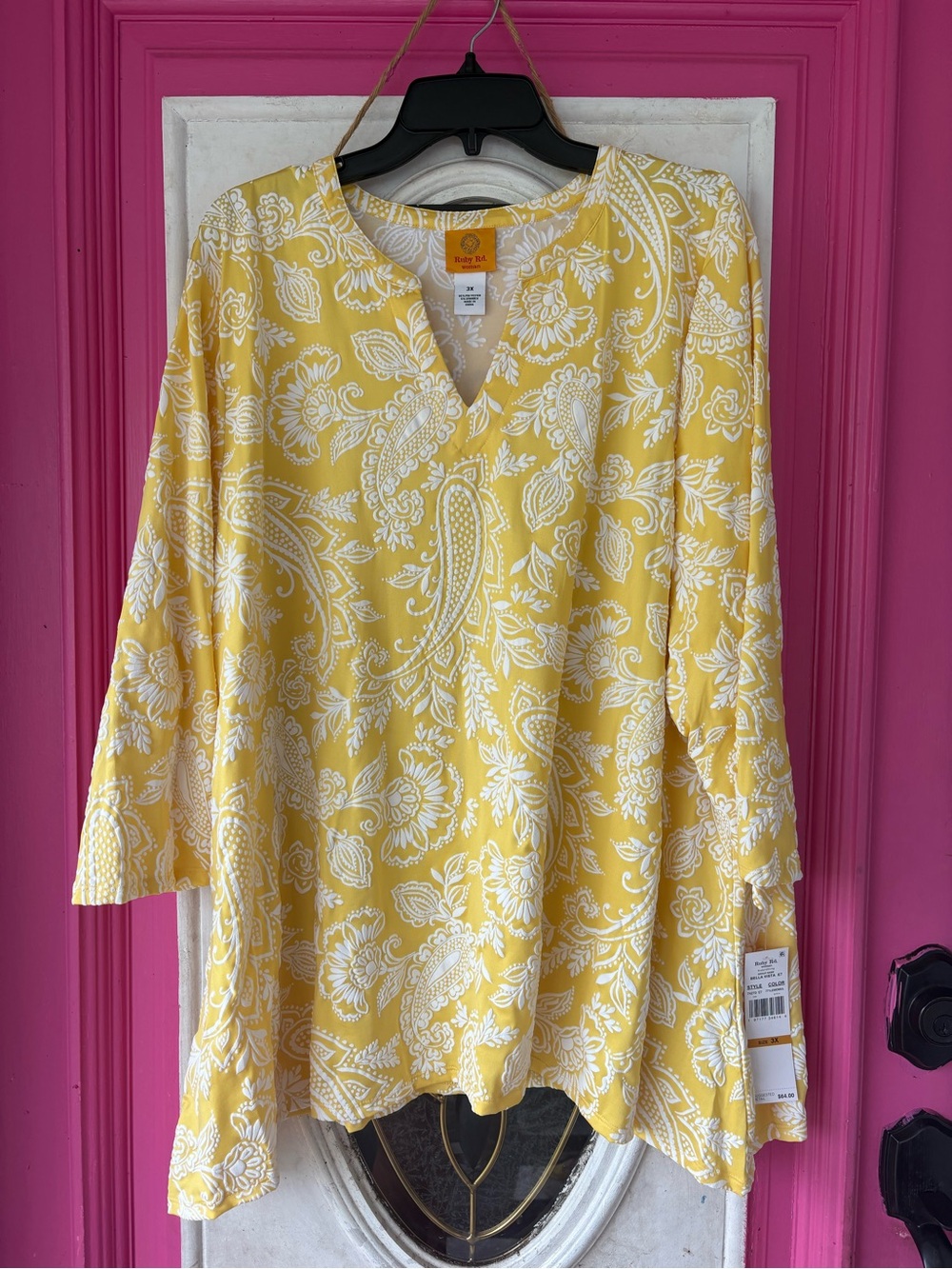 Ruby Rd. Yellow Paisley Split V-Neck Blouse - Picture 2 of 9
